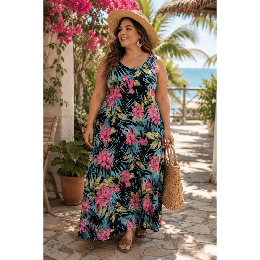 Summer Vacation Tropical Floral Sleeveless Stretchy Pink Black 1X Maxi Dress